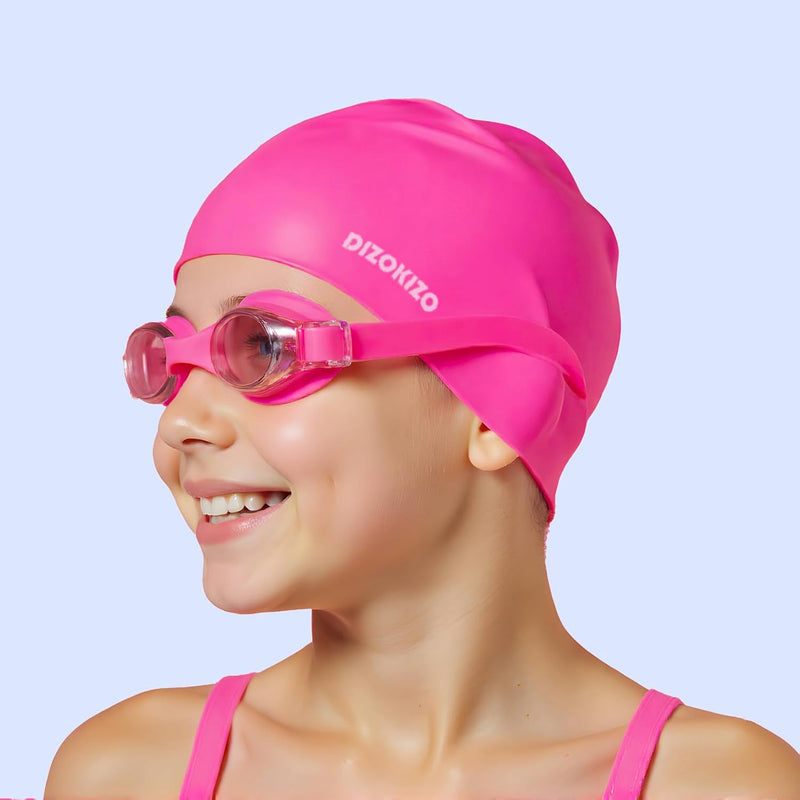 2pcs Silicone Swim Cap for Kids 6-14, High Elasticity Comfortable Non-Slip Swimming Cap for Girls & Boys, Durable Waterproof Swim Hats for Long and Short Hair, Keep Hair Dry