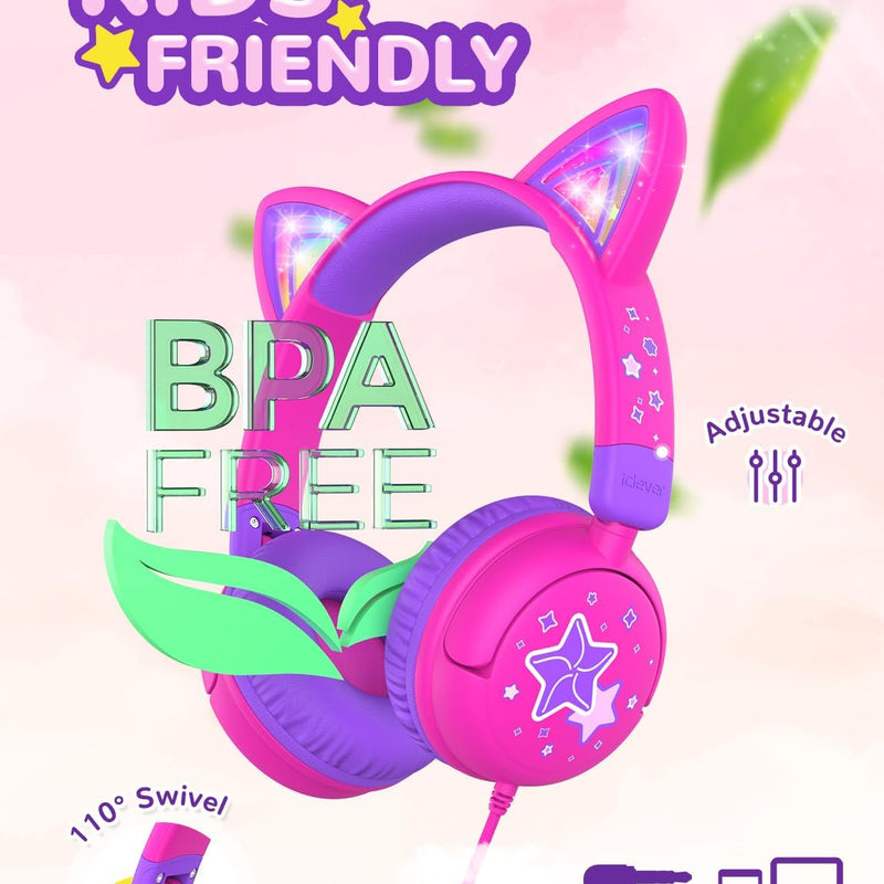Cat ear headphones with led light up and 85dBA safe volume for kids, foldable and wireless compatible