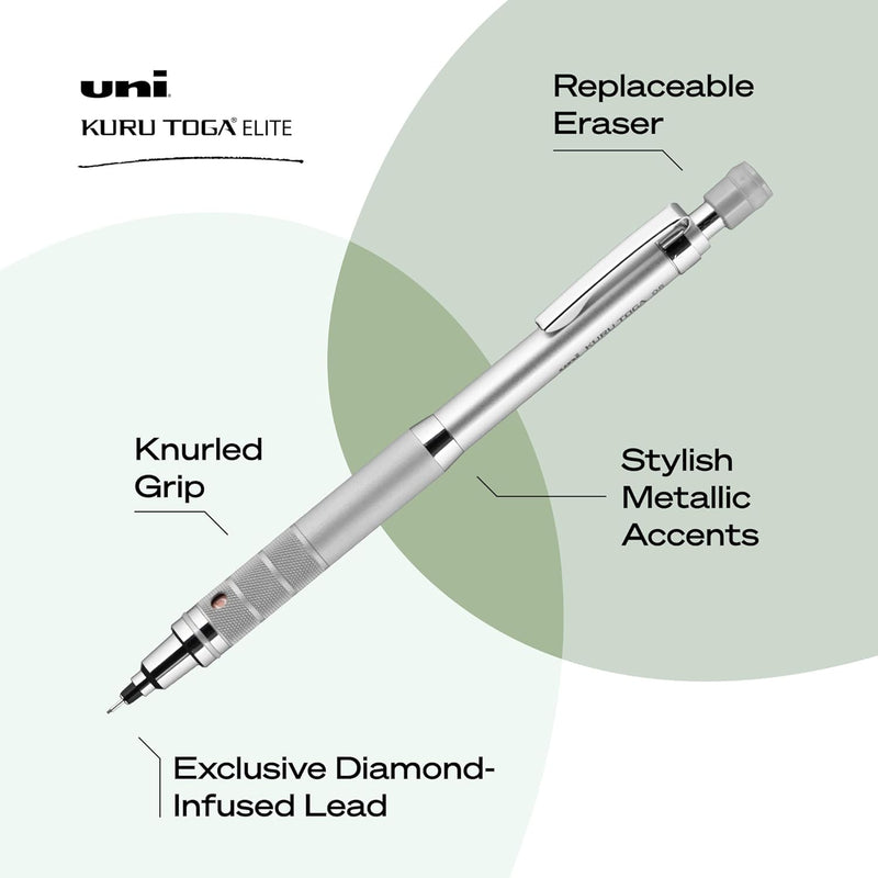 uniball Kuru Toga Elite Mechanical Pencil Starter Kit, 0.5mm, HB #2, Silver Barrel, 1 Pack