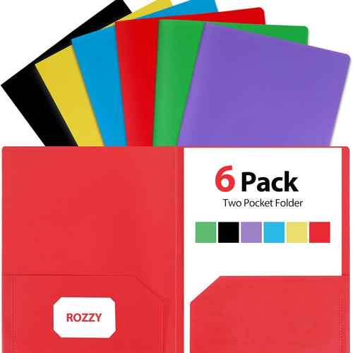 Plastic Folders with Pockets, 6 Rainbow Colors, 2 Pocket, Letter Size | 8.5x11 Paper, Business Card Slot, Black to School Supplies, For Kids / Students / Teachers, Office Organization