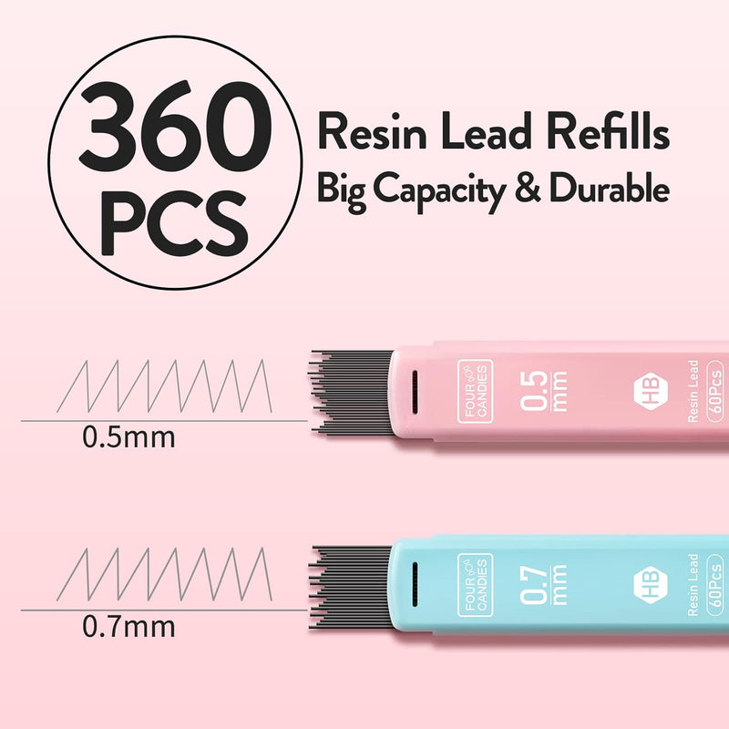 Four Candies Cute Mechanical Pencil Set, 6PCS Pastel Mechanical Pencils 0.5 & 0.7mm with 360PCS HB Leads, 3PCS Erasers and 9PCS Eraser Refills, Aesthetic School Supplies for Girls Writing