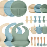 24 PCS Silicone Baby Feeding Set, Baby Led Weaning Supplies Includes Suction Bowls and Divided Plates, Adjustable Silicone Bib, Spoons&forks, Training cup with straw (Green+Brown+Beige)