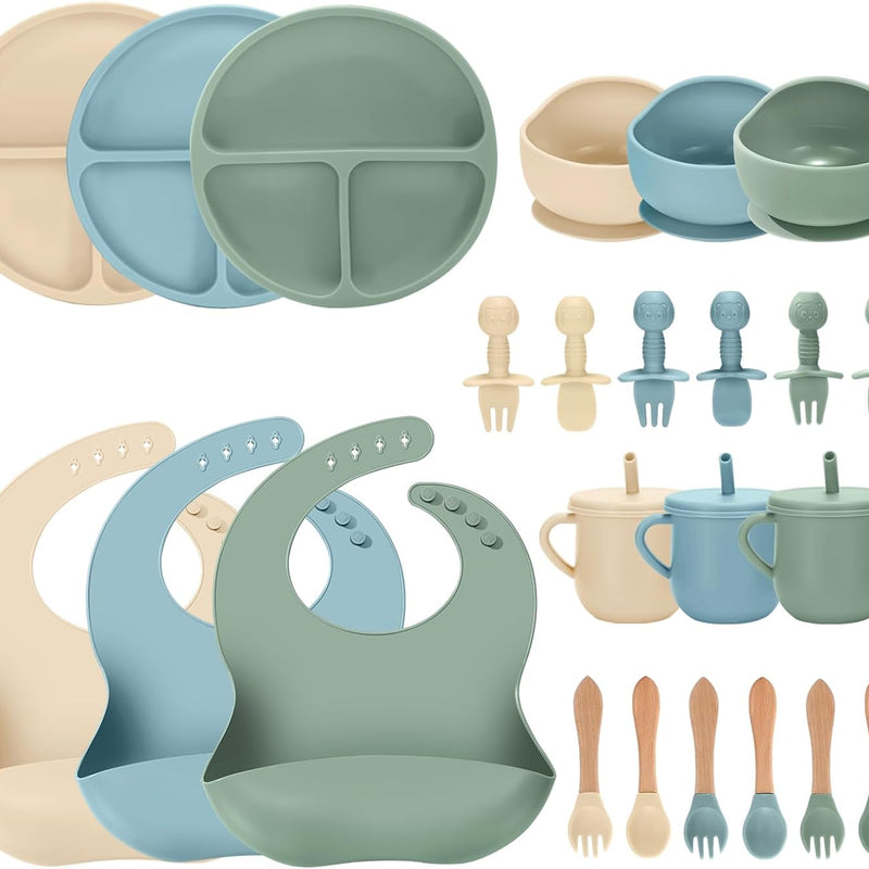 24 PCS Silicone Baby Feeding Set, Baby Led Weaning Supplies Includes Suction Bowls and Divided Plates, Adjustable Silicone Bib, Spoons&forks, Training cup with straw (Green+Brown+Beige)