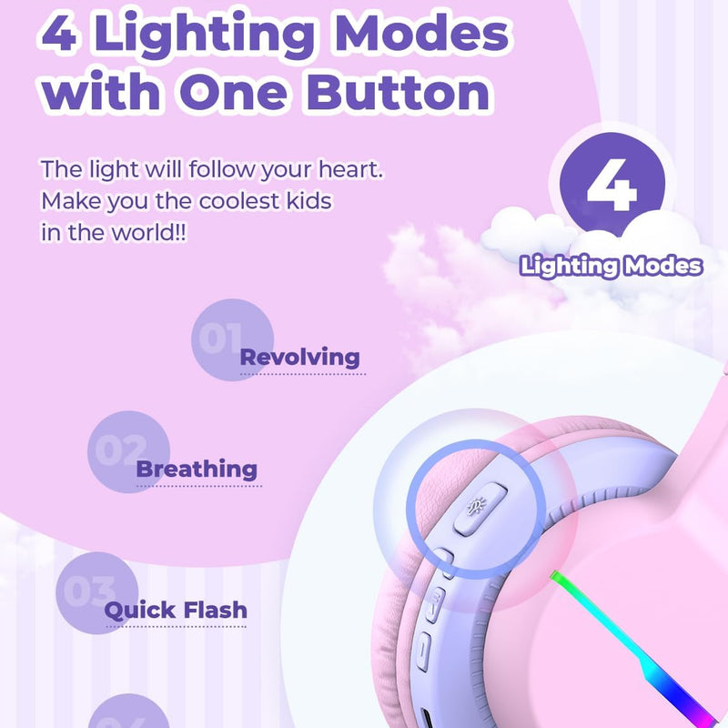 iClever BTH12 Kids Bluetooth Headphones 85H Playtime with LED Lights Travel | SafeSound Tech, Stereo Sound, USB C Charging AUX Cable Over Ear Built-in Mic, Kids Wireless Headphones for Toddler Boys Girls