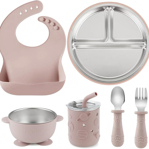 PandaEar 6-in-1 Stainless Steel Baby Feeding Set | Divided Suction Plate, Bowl, Sippy Cup with Straw, Bib, Spoon & Fork | BPA-Free Toddler Feeding Essentials for Self-Feeding (Pink)