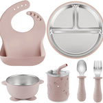 PandaEar 6-in-1 Stainless Steel Baby Feeding Set | Divided Suction Plate, Bowl, Sippy Cup with Straw, Bib, Spoon & Fork | BPA-Free Toddler Feeding Essentials for Self-Feeding (Pink)