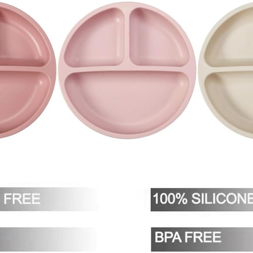 PandaEar 3 Pack Toddler Plates, Silicone Divided Suction Plate for Babies, BPA-Free 100% Food-Grade Silicone Unbreakable Baby Plate (Pink/Linen/Light Pink)