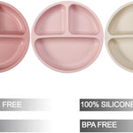 PandaEar 3 Pack Toddler Plates, Silicone Divided Suction Plate for Babies, BPA-Free 100% Food-Grade Silicone Unbreakable Baby Plate (Pink/Linen/Light Pink)