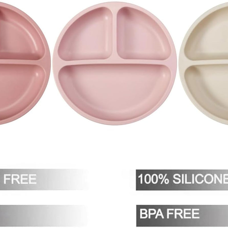 PandaEar 3 Pack Toddler Plates, Silicone Divided Suction Plate for Babies, BPA-Free 100% Food-Grade Silicone Unbreakable Baby Plate (Pink/Linen/Light Pink)