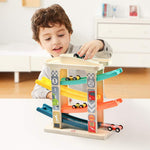TOP Bright Toddler Wooden Race Track Car Ramp Toys with 4 Mini Cars and 1 Car Garage