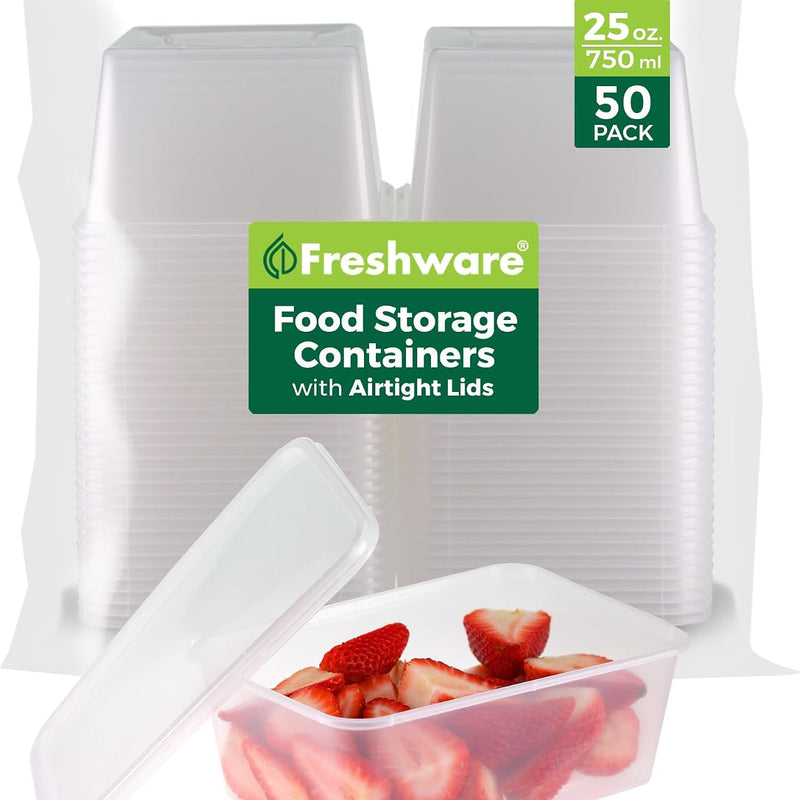 Freshware Food Storage Containers [50 Set] 8 oz Plastic Deli Containers with Lids, Slime, Soup, Meal Prep Containers | BPA Free | Stackable | Leakproof | Microwave/Dishwasher/Freezer Safe