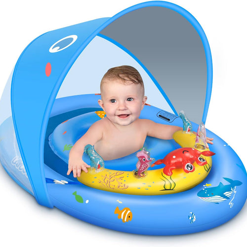 LAYCOL Baby Pool Float with Canopy UPF50+, 120°Adjustable Sun Protection and Anti-Tip Safety Seat, Inflatable Toddler Floaties Infant Pool Float with Animal Pool Toys, Baby Beach Essentials for 6-36M