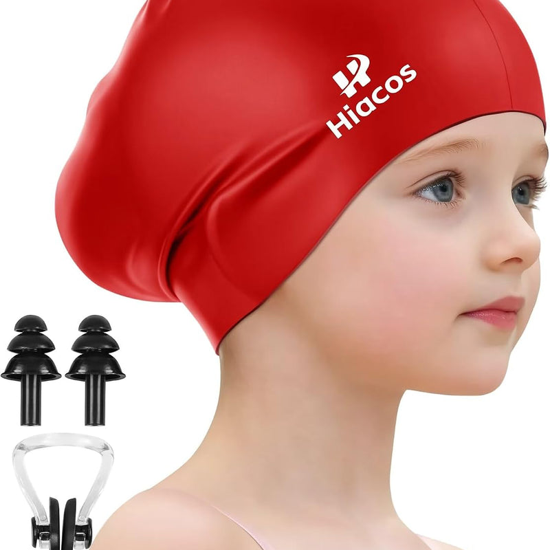 Kids Swim Cap for Girls Boys, 2 Size Silicone Swimming Cap for Long Hair, Waterproof Swim Hats for Toddlers Children Teens to Keep Hair Dry