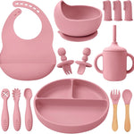 Silicone Baby Feeding Set 14 Pcs, Baby Led Weaning Set, 6M+, Blue Gray | Self-Feeding Utensils, Divided Plate, Suction Bowl, Bib, Cup, Finger Brush, Training Spoons, Microwave and Dishwasher Safe