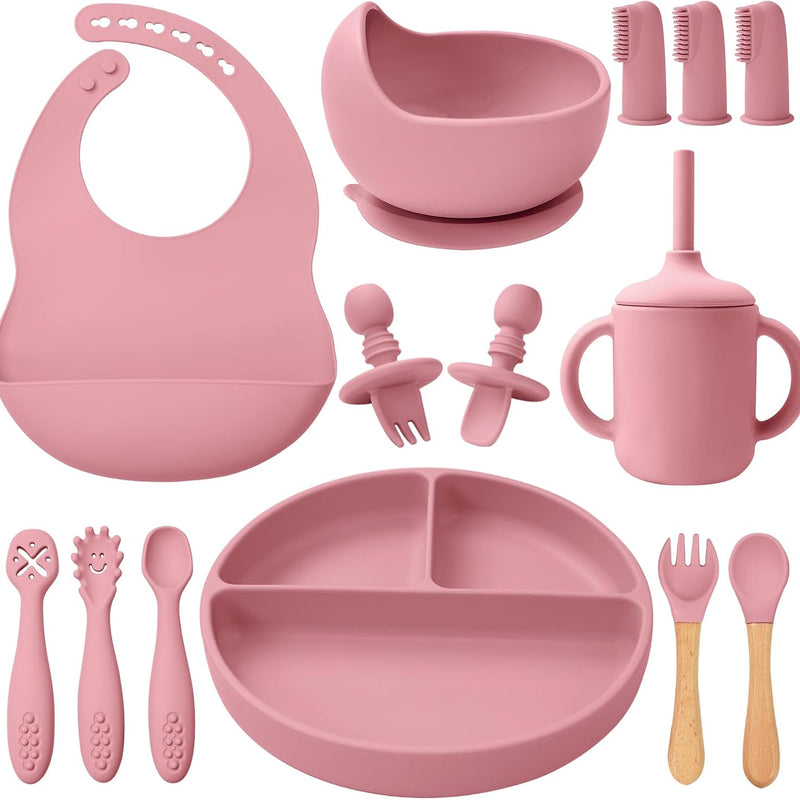 Silicone Baby Feeding Set 14 Pcs, Baby Led Weaning Set, 6M+, Blue Gray | Self-Feeding Utensils, Divided Plate, Suction Bowl, Bib, Cup, Finger Brush, Training Spoons, Microwave and Dishwasher Safe