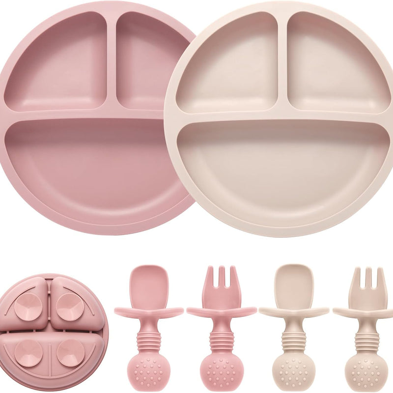 Eascrozn 2 Pack Divided Toddler Plates with Suction, Spoons and Forks Set | BPA Free, Silicone Feeding Set, Baby Led Weaning Supplies, Baby Utensils for Feeding Essentials, Dishwasher Safe