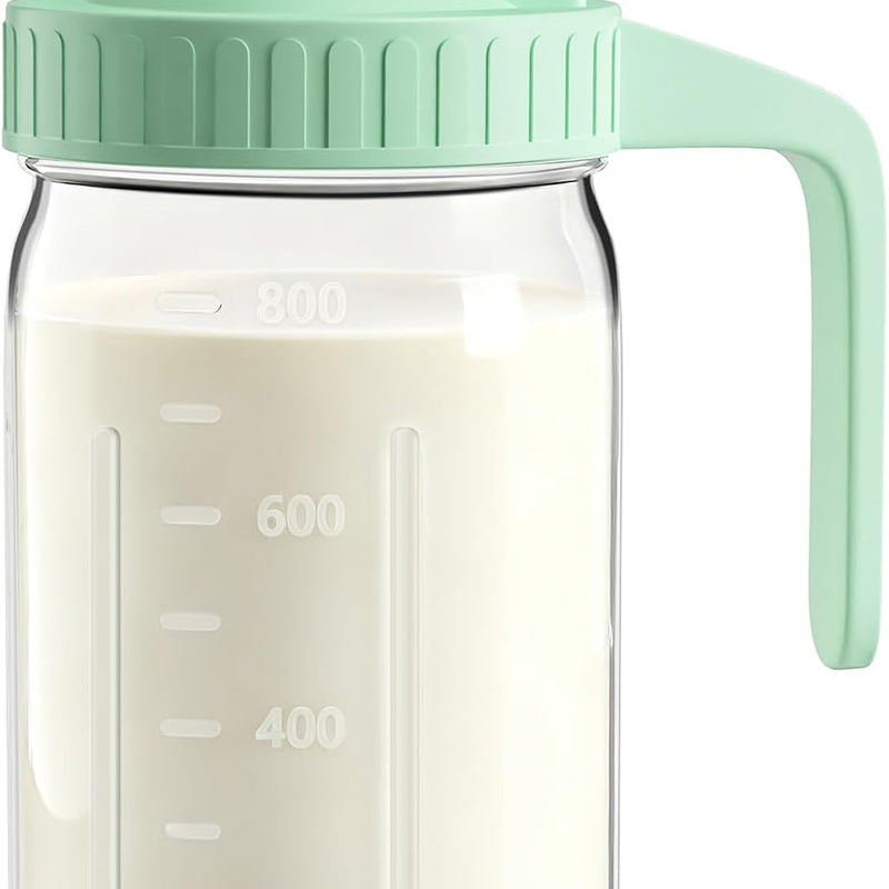32oz Mason Jar Pitcher, Glass Breast Milk Pitcher with Lid | BPA Free, Airtight, Leak proof, Wide mouth, Pour Spout Lid, Fridge/ Dishwasher safe, Ergonomic handle, Formula container
