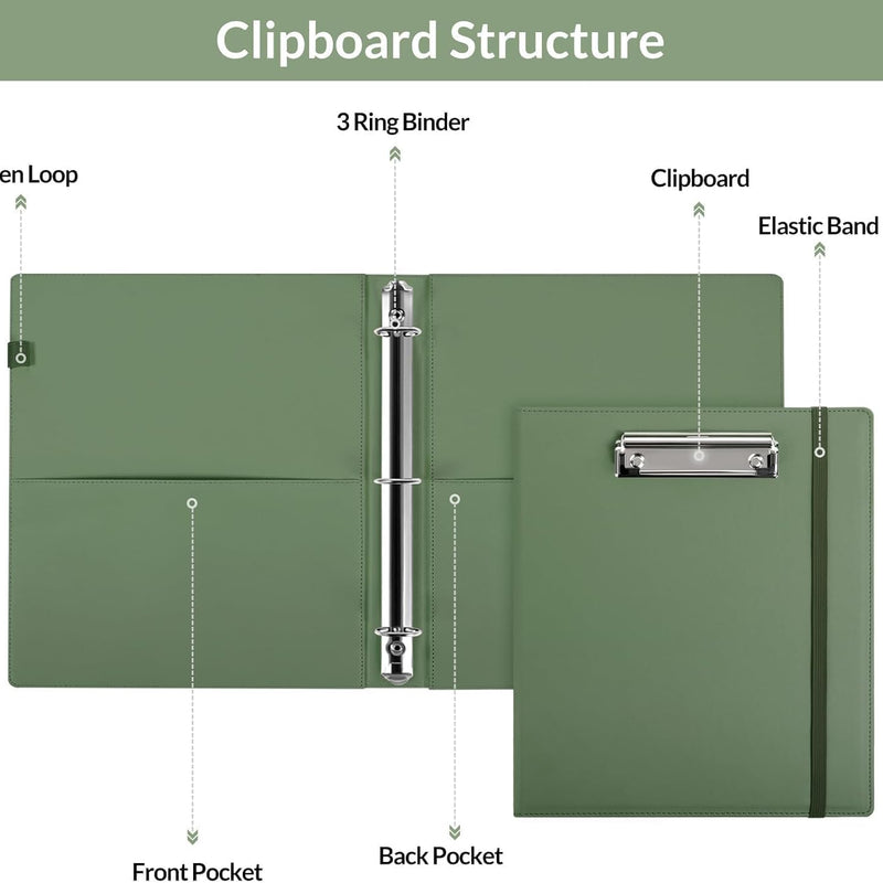 SKYDUE 3 Ring Binder with Clipboard, 13.2" × 10.2" Faux Leather 1 Inch Binder Organizer with 5 Pocket Dividers, Notepad, Labels & 2 Storage Pockets for Teachers, Students, Nurses & Office Work