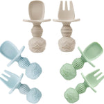 PandaEar 6 Pack Silicone Baby Spoons and Fork Feeding Set- Anti-Choke First Self Feeding Utensils for Baby Led Weaning Ages 3 Months (Tan,Walnut&Grey)