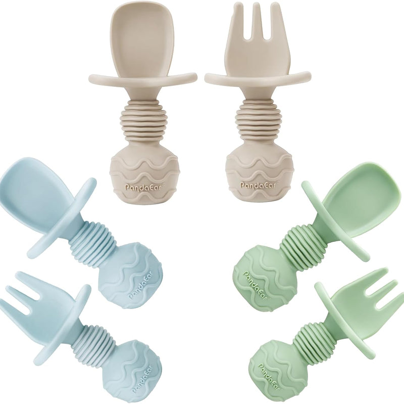 PandaEar 6 Pack Silicone Baby Spoons and Fork Feeding Set- Anti-Choke First Self Feeding Utensils for Baby Led Weaning Ages 3 Months (Tan,Walnut&Grey)