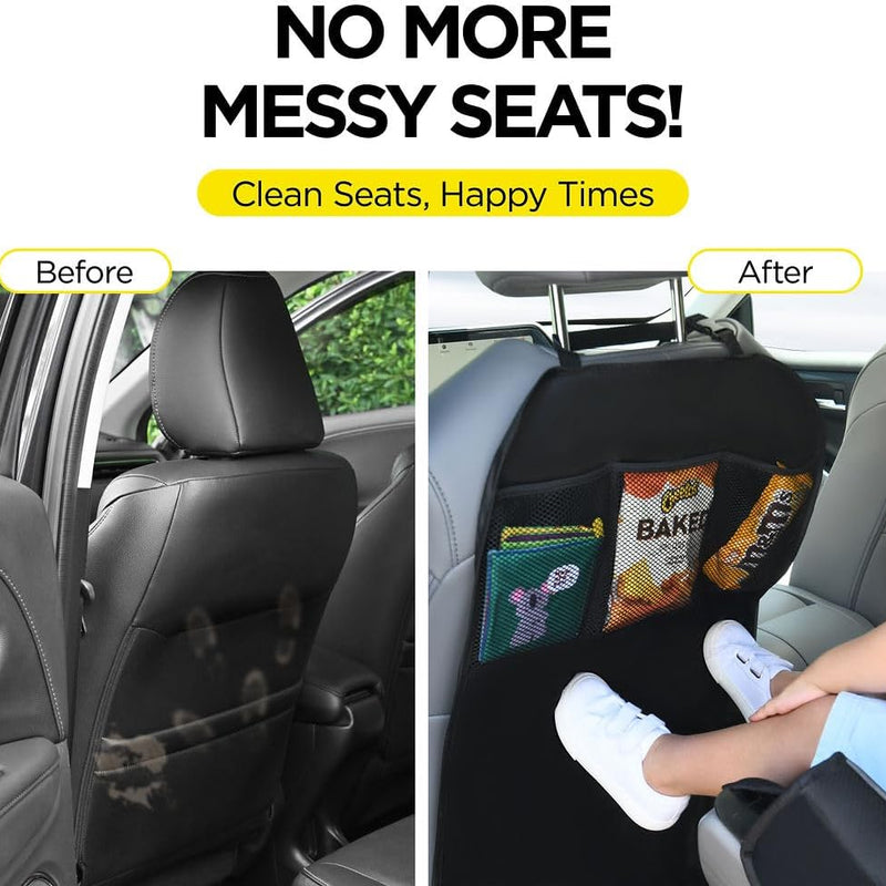 lebogner Back Seat Cover For Kids + 3 Pocket Storage Organizer, 2 Pack X-Large Waterproof Kick Mats Backseat Protector, Car Seat Back Protectors For Vehicles To Protect From Dirt, Mud & Scratches