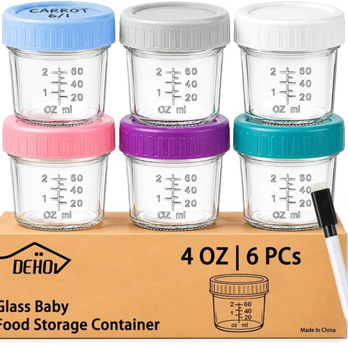 Dehov 6-Piece Glass Baby Food Containers With Lids,4 OZ Small Glass Freezer Safe Baby Food Storage Jars,Leak Proof Baby Food Grade Puree Containers