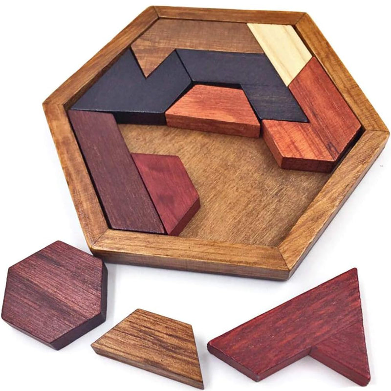 KINGOU 5.5x4.72 inch Wooden Brain Teaser Puzzle for Kids & Adults, High-Quality Timber, 11-Piece Tangram Toy