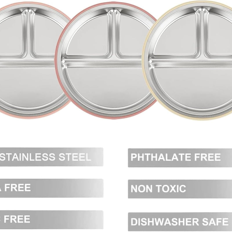 PandaEar 3 Pack Stainless Steel Baby Suction Plates, Divided Toddler Plate for Baby Led Weaning Supplies, Non-Slip Toddler Baby Feeding Set Dishwasher Safe (Pink/Linen/Light Pink)