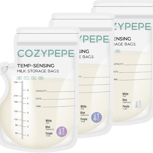 100 Pcs Breastmilk Storage Bags, 8Oz Breast Milk Storing Bag with Pour Spout, Temperature-Sensing Color Change Milk Bag for Convenient Breastfeeding, No Leak Presterilized for Freezer