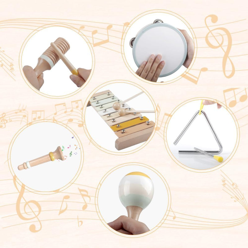 Montessori Wooden Toys: Toddler Musical Instruments Set with Boho Xylophone, Safe for Kids 3+
