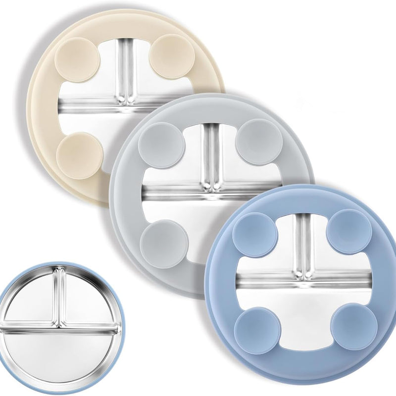 Bakpoco Stainless Steel Toddler Plate with Suction, 9” Divided Plates with Removable Silicone Sleeves for Kids, Non Toxic & BPA Free | Non Slip | Unbreakable Baby Snack Dishes Set of 2, Blue & Gray