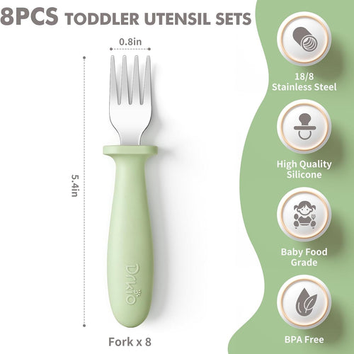 8 Pcs Toddler Forks Set Baby Forks with Silicone Handle | Kids Utensils Anti-Choke Design for Children's Safe Self-Feeding, Food-Grade Stainless Steel, Dishwasher Safe, BPA-Free