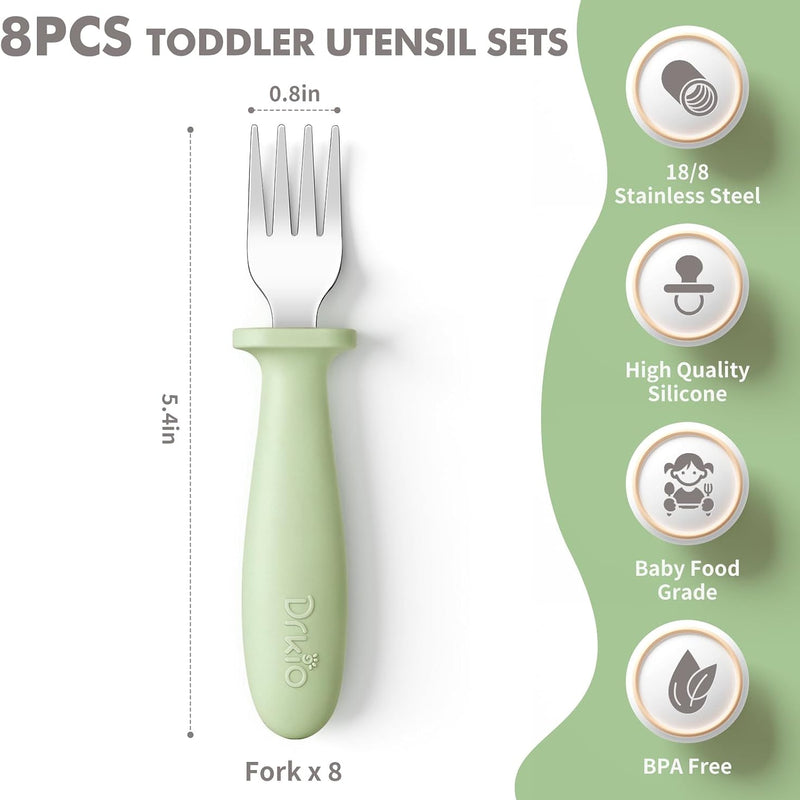 8 Pcs Toddler Forks Set Baby Forks with Silicone Handle | Kids Utensils Anti-Choke Design for Children's Safe Self-Feeding, Food-Grade Stainless Steel, Dishwasher Safe, BPA-Free