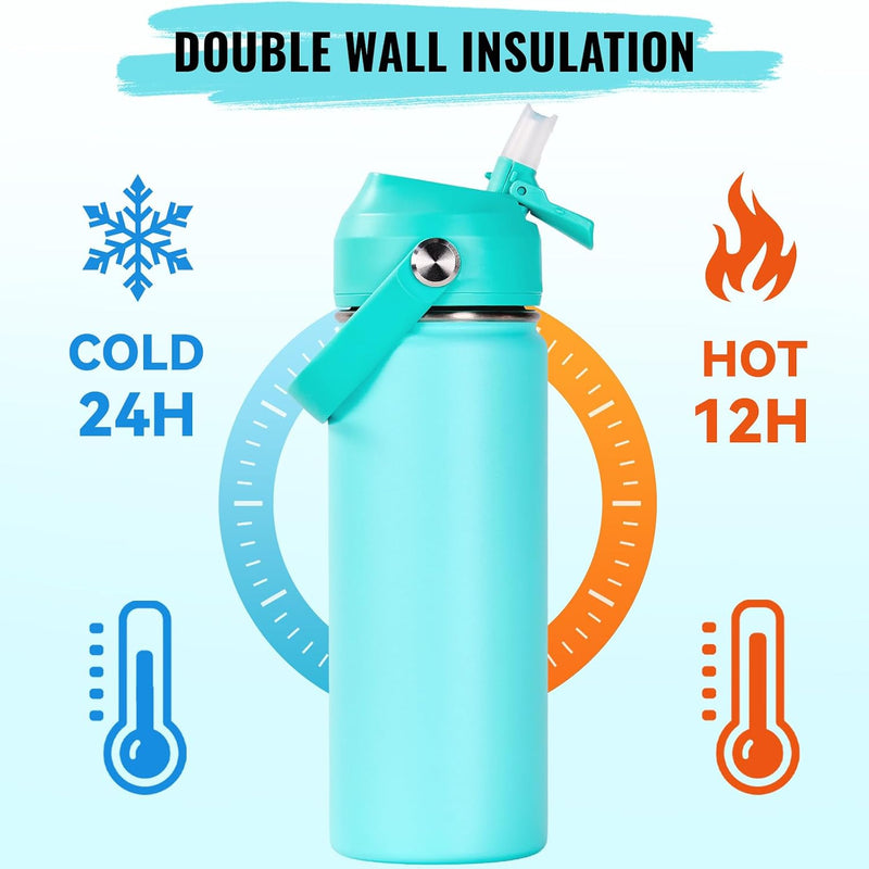 Fijinhom 18oz Insulated Stainless Steel Water Bottle, Wide Mouth Double Wall Vacuum, Silicone Straw, Sweat & Leak Proof, BPA Free Insulated Water Flask for Travel, Keep Cold 24h Hot 12h, Sky