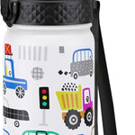 GOPPUS Kids Water Bottle (Straw Lid) - 14 Oz Stainless Steel Travel Bottle, Double Wall Vacuum Leak Proof Kids Cup for School Boys Girls,Space dinosaur