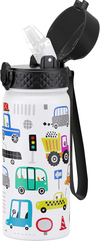 GOPPUS Kids Water Bottle (Straw Lid) - 14 Oz Stainless Steel Travel Bottle, Double Wall Vacuum Leak Proof Kids Cup for School Boys Girls,Space dinosaur