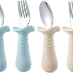 PandaEar Baby Toddler Fork and Spoon Utensil Set, 6 Pack Silicone Stainless Steel Silverware Spoon Fork for Babies Toddler, BPA Free with Silicone Holding Anti-Choke Design (Green Blue Brown)