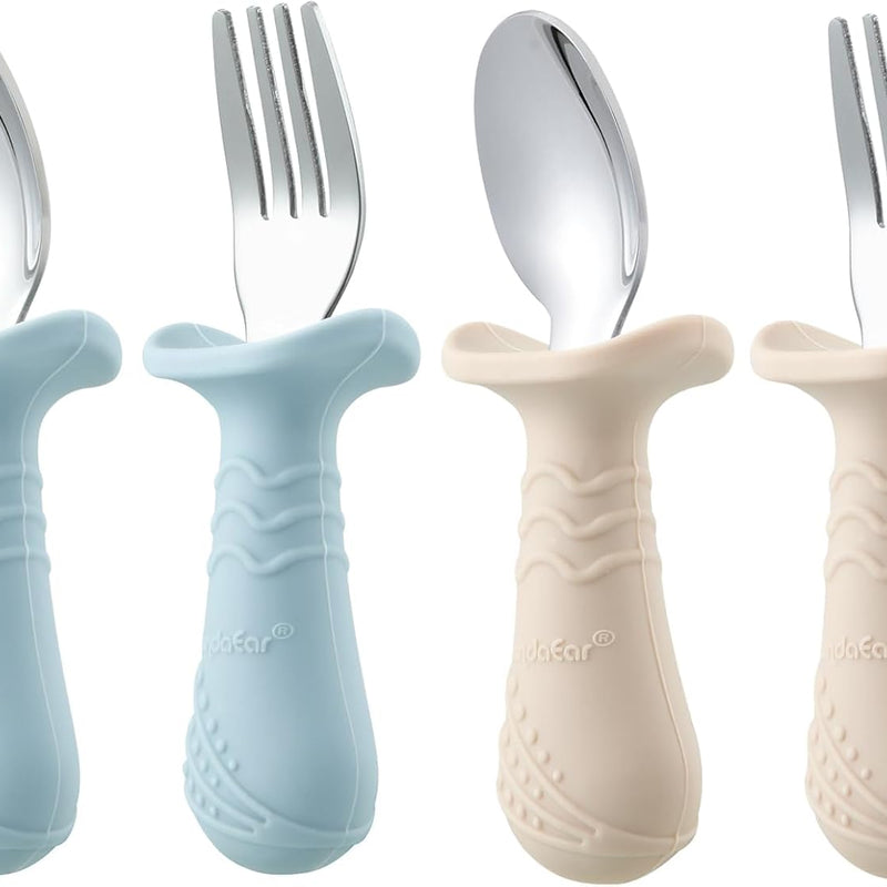 PandaEar Baby Toddler Fork and Spoon Utensil Set, 6 Pack Silicone Stainless Steel Silverware Spoon Fork for Babies Toddler, BPA Free with Silicone Holding Anti-Choke Design (Green Blue Brown)