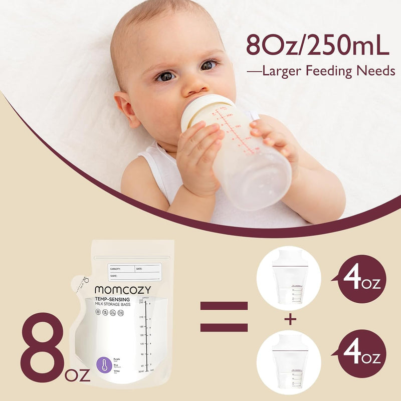 Momcozy 8oz Breastmilk Storage Bags,Temp-Sensing & Pour Spout,120 Count | Temp-Sensing Color Change, Milk Bags with Pour Spout, Self Standing,No Leak Presterilized