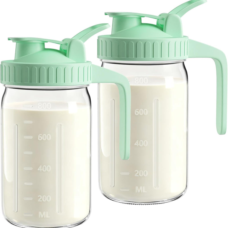 32oz Mason Jar Pitcher, Glass Breast Milk Pitcher with Lid | BPA Free, Airtight, Leak proof, Wide mouth, Pour Spout Lid, Fridge/ Dishwasher safe, Ergonomic handle, Formula container