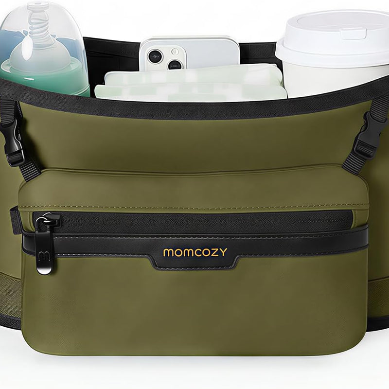 Momcozy Slim Stroller Organizer with 2 Insulated Cup Holders | Non-Slip Silicone Straps with Detachable Mini Pouch, Dense-Weave Parent Console, Fits UPPAbaby, Doona, Graco and More
