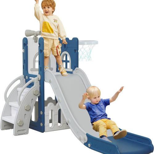 LulliSpace 6 in 1 Toddler Slide,Kids Climber Slider for Indoor Outdoor Playground with Basketball Hoop,Storage and Telescope,L Shaped Slide for Toddler Climber Playset
