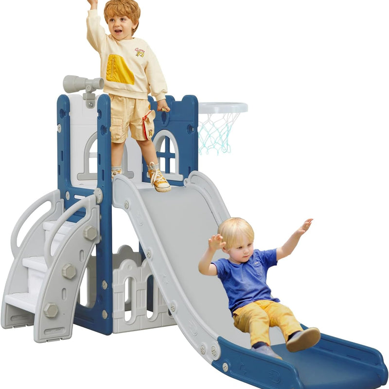 LulliSpace 6 in 1 Toddler Slide,Kids Climber Slider for Indoor Outdoor Playground with Basketball Hoop,Storage and Telescope,L Shaped Slide for Toddler Climber Playset