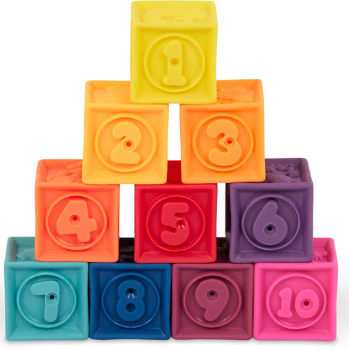 B. toys, One Two Squeeze Soft Building Blocks, 10 Pack, Blocks - 1, Baby | 10 soft blocks with numbers, shapes, colors, and animals; textured block play with reusable bag, Blocks - 1, Baby; 6+ Months
