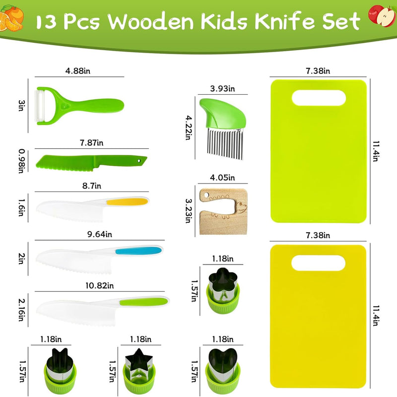 13 Pcs Kids Knife Set for Real Cooking Safe Kitchen Tools for Ages 4+ | Montessori Kitchen Toys Christmas Birthday Gifts for Boys and Girls (A)