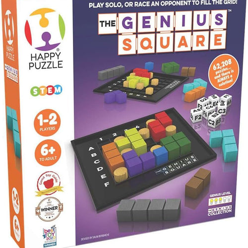The Happy Puzzle Company's Genius Square STEM Puzzle Game for 1-2 Players, 62,208 Possible Solutions, 6x6 Grid
