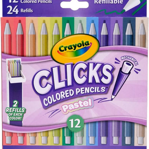 Crayola Clicks 2.0mm Mechanical Colored Pencil Set, 12 Pastel Colors, Cute School Supplies for Teachers, 24 Replacement Cores, Ages 6+