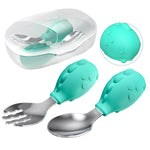 Deejoy Toddler Utensils Self-feeding Flatware Set withTravel Case-Green | Baby Spoons and Forks with Silicone Bendable Handle, Easy Grip Heat-Resistant, Ideal for Kids, Stage 2