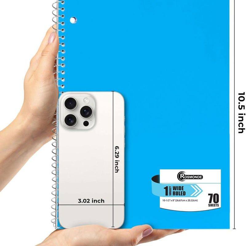 Rosmonde Spiral Notebooks, 12 Pack, 1 Subject Notebook, Wide Ruled, 70 Sheets, 8 x 10-1/2", 3 Hole Punched, School Supplies, Bulk Single Subject Spiral Notebook Bulk, Assorted Colors Pack of Notebooks