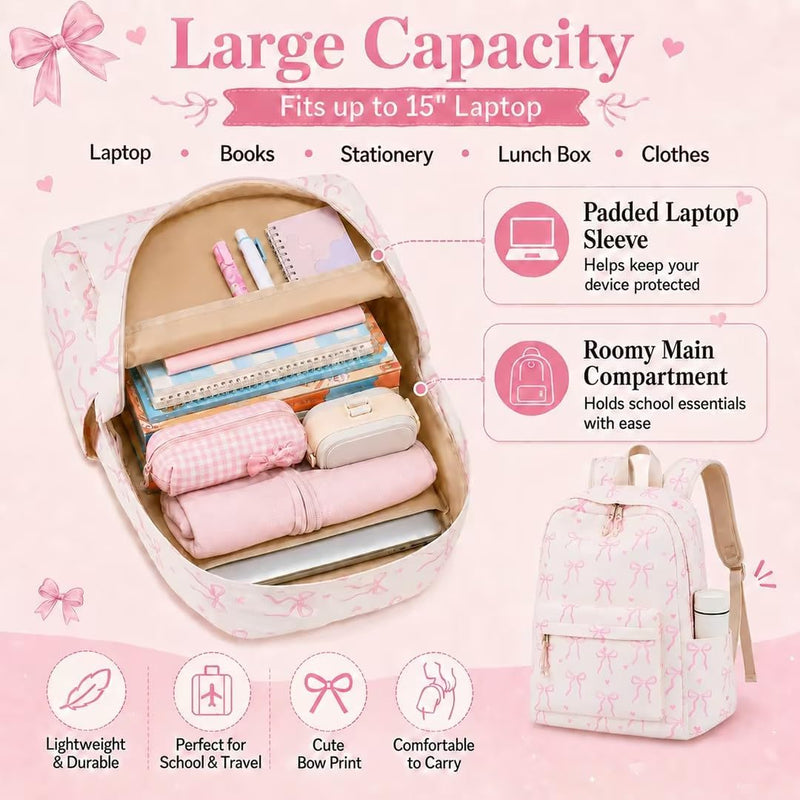 LOIDOU Backpack for Girls School Backpacks Bookbags for Elementary Middle School Women Laptop Backpacks (Bow tie Beige, L-17)